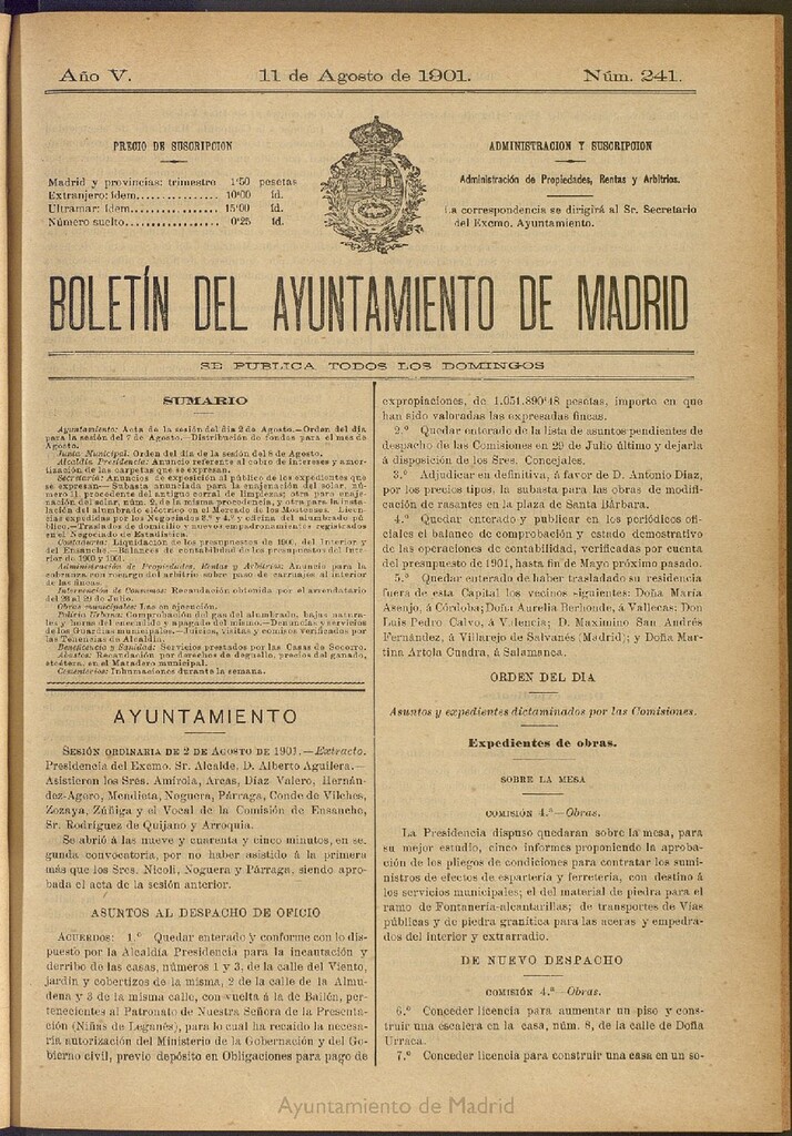 Miniatura de Boletín Oficial del Ayuntamiento de Madrid de 11 de agosto de 1901, nº 241