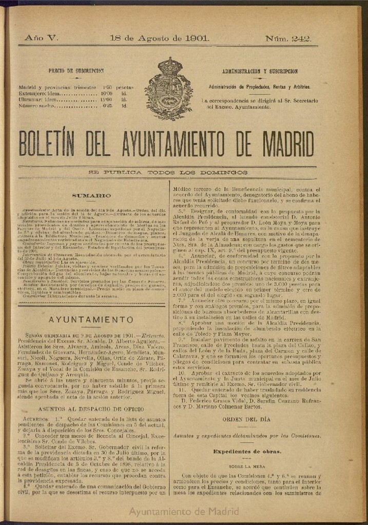 Miniatura de Boletín Oficial del Ayuntamiento de Madrid de 18 de agosto de 1901, nº 242
