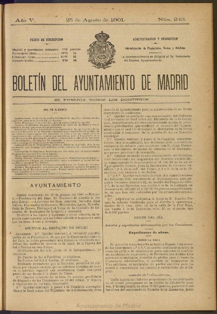 Miniatura de Boletín Oficial del Ayuntamiento de Madrid de 25 de agosto de 1901, nº 243