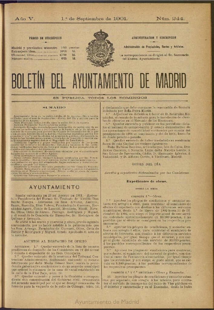 Miniatura de Boletín Oficial del Ayuntamiento de Madrid de 01 de septiembre de 1901, nº 244