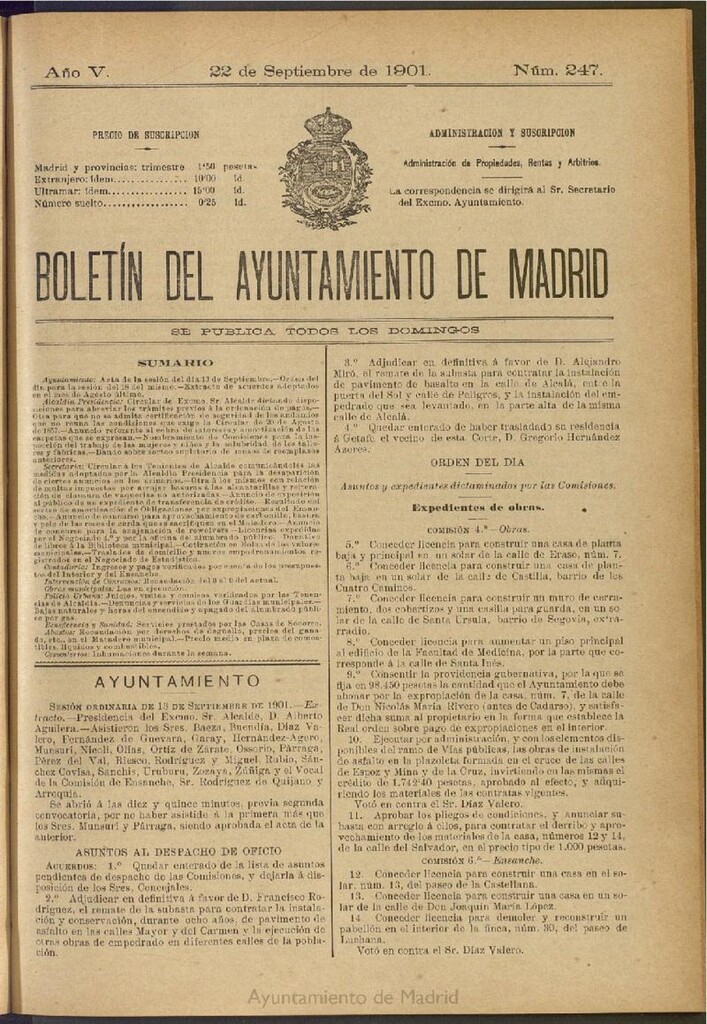 Miniatura de Boletín Oficial del Ayuntamiento de Madrid de 22 de septiembre de 1901, nº 247