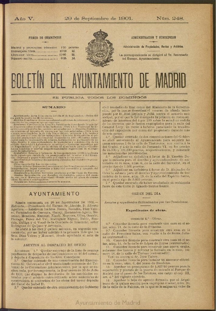 Miniatura de Boletín Oficial del Ayuntamiento de Madrid de 29 de septiembre de 1901, nº 248