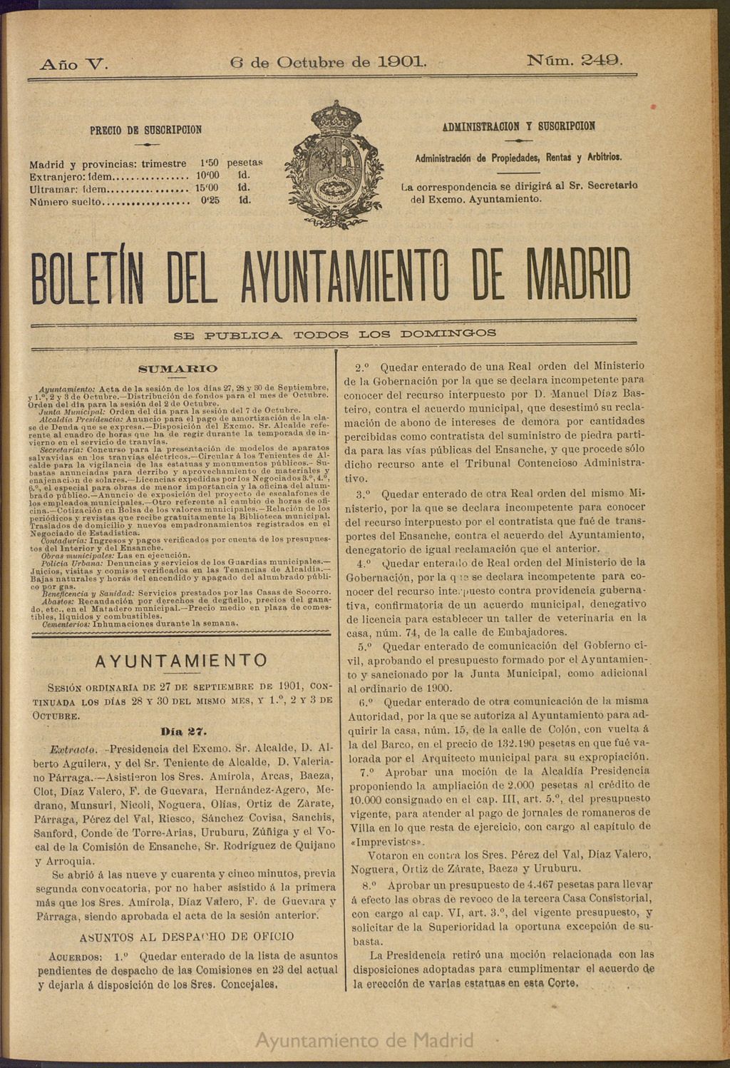 Miniatura de Boletín Oficial del Ayuntamiento de Madrid de 06 de octubre de 1901, nº 249