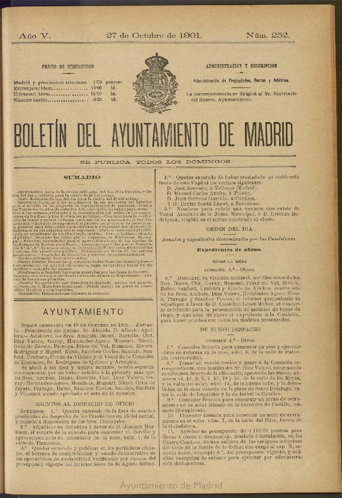 Miniatura de Boletín Oficial del Ayuntamiento de Madrid de 27 de octubre de 1901, nº 252