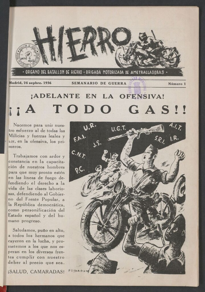 Miniatura de Hierro: órgano del Batallón de Hierro, Brigada Motorizada de Ametralladoras : semanario de guerra