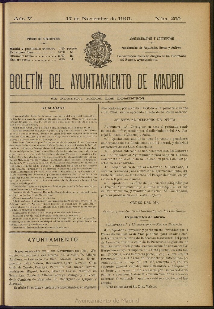 Miniatura de Boletín Oficial del Ayuntamiento de Madrid de 17 de noviembre de 1901, nº 255