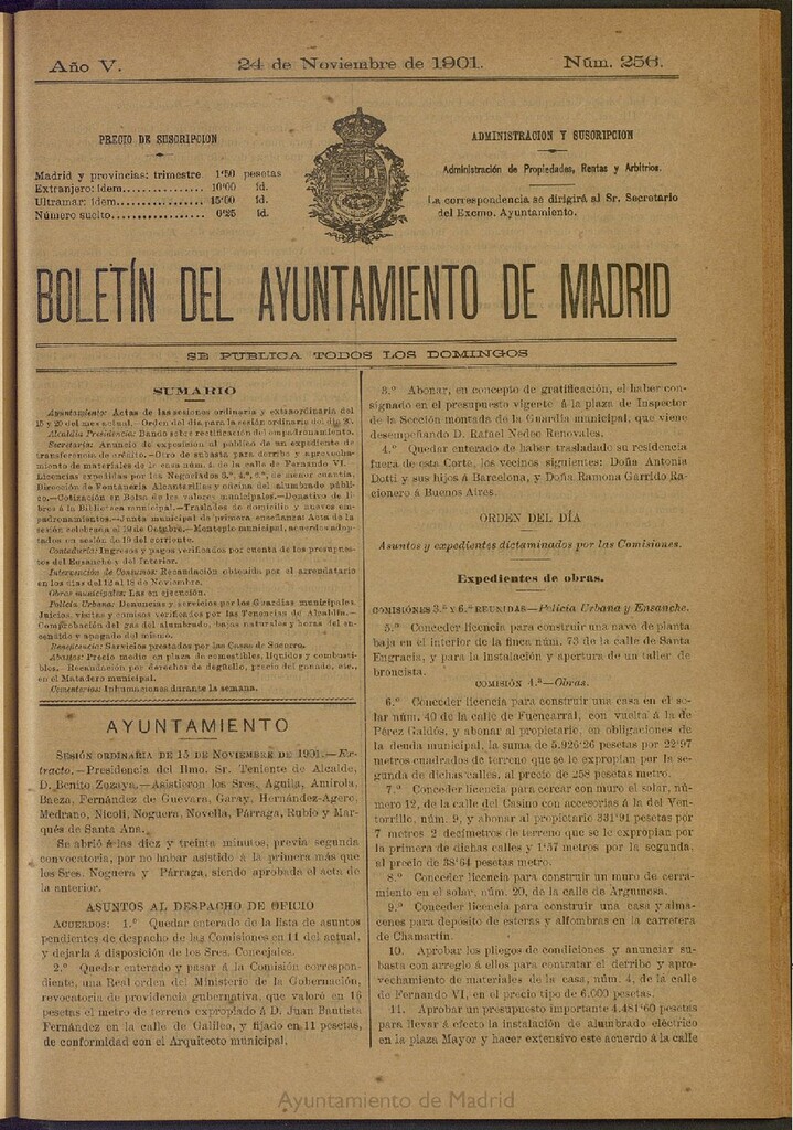 Miniatura de Boletín Oficial del Ayuntamiento de Madrid de 24 de noviembre de 1901, nº 256