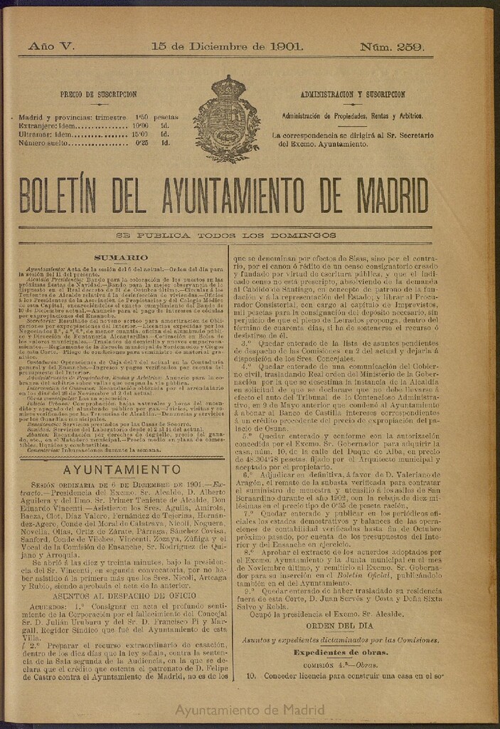 Miniatura de Boletín Oficial del Ayuntamiento de Madrid de 15 de diciembre de 1901, nº 259