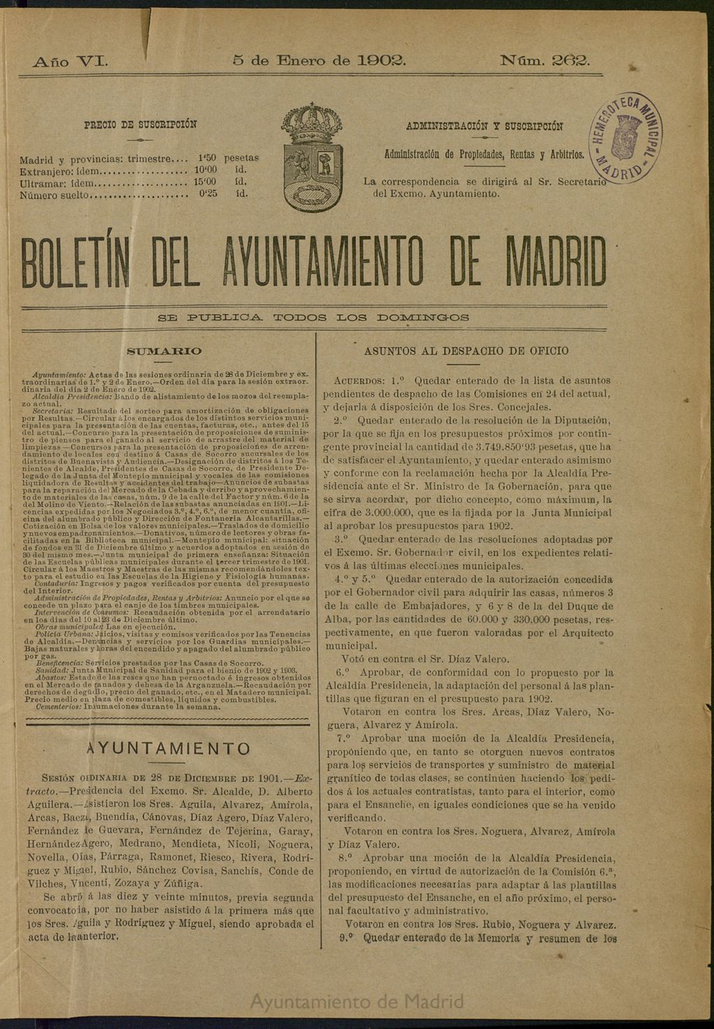 Miniatura de Boletín Oficial del Ayuntamiento de Madrid de 05 de enero de 1902, nº 262