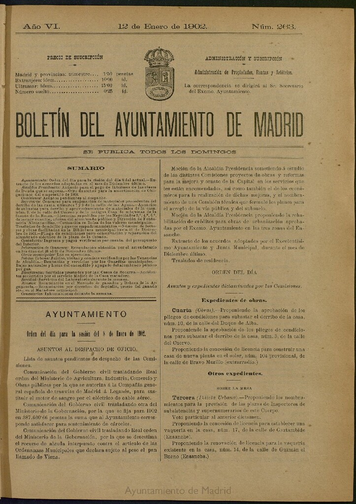 Miniatura de Boletín Oficial del Ayuntamiento de Madrid de 12 de enero de 1902, nº 263