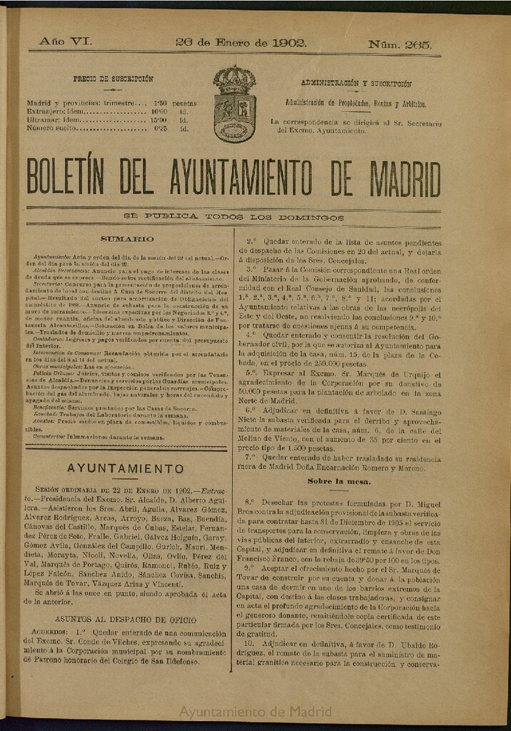 Miniatura de Boletín Oficial del Ayuntamiento de Madrid de 26 de enero de 1902, nº 265