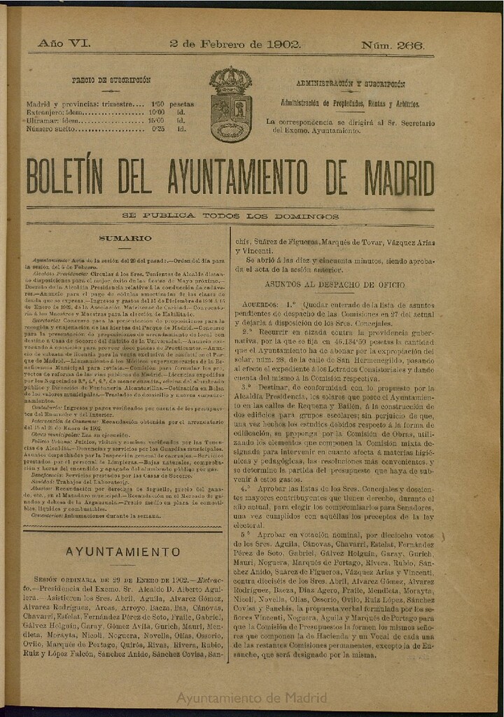 Miniatura de Boletín Oficial del Ayuntamiento de Madrid de 02 de febrero de 1902, nº 266