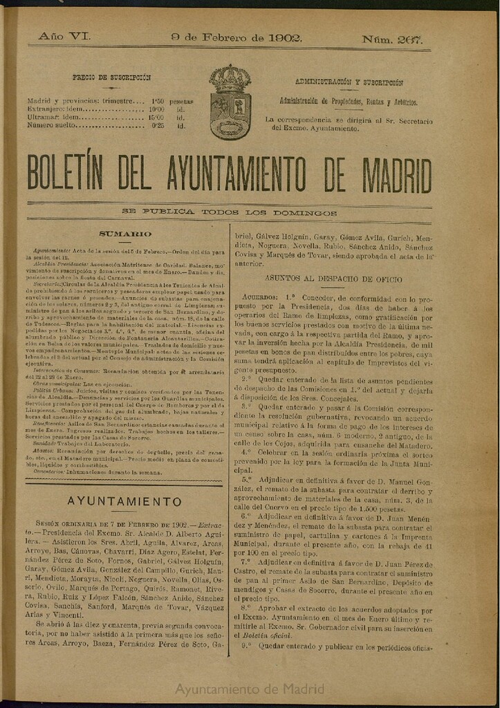 Miniatura de Boletín Oficial del Ayuntamiento de Madrid de 09 de febrero de 1902, nº 267