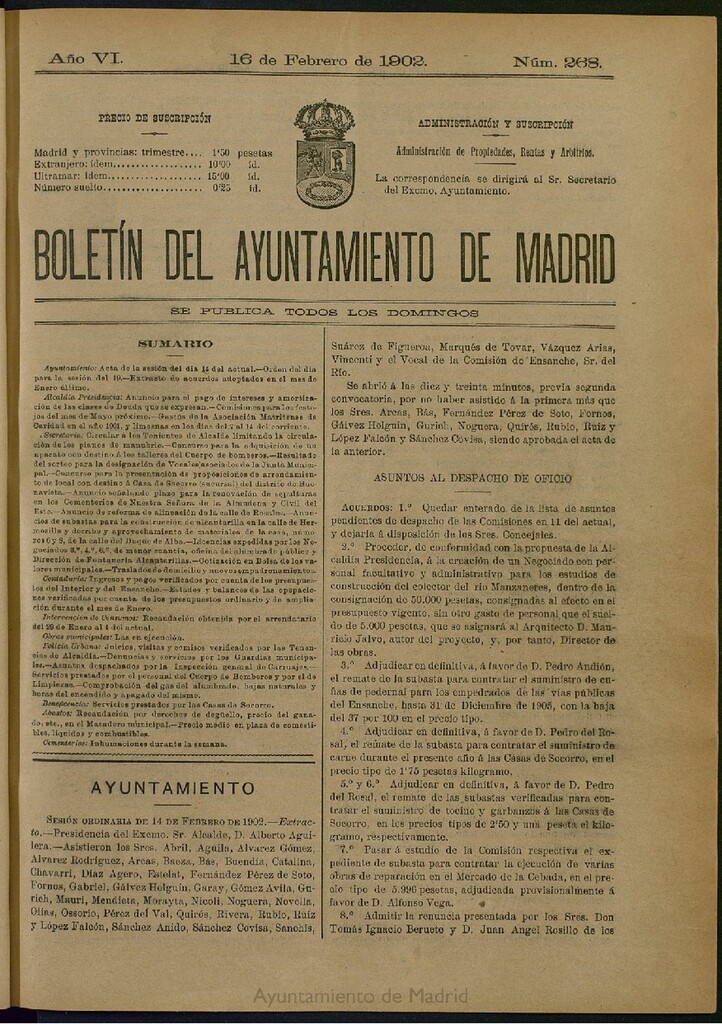 Miniatura de Boletín Oficial del Ayuntamiento de Madrid de 16 de febrero de 1902, nº 268