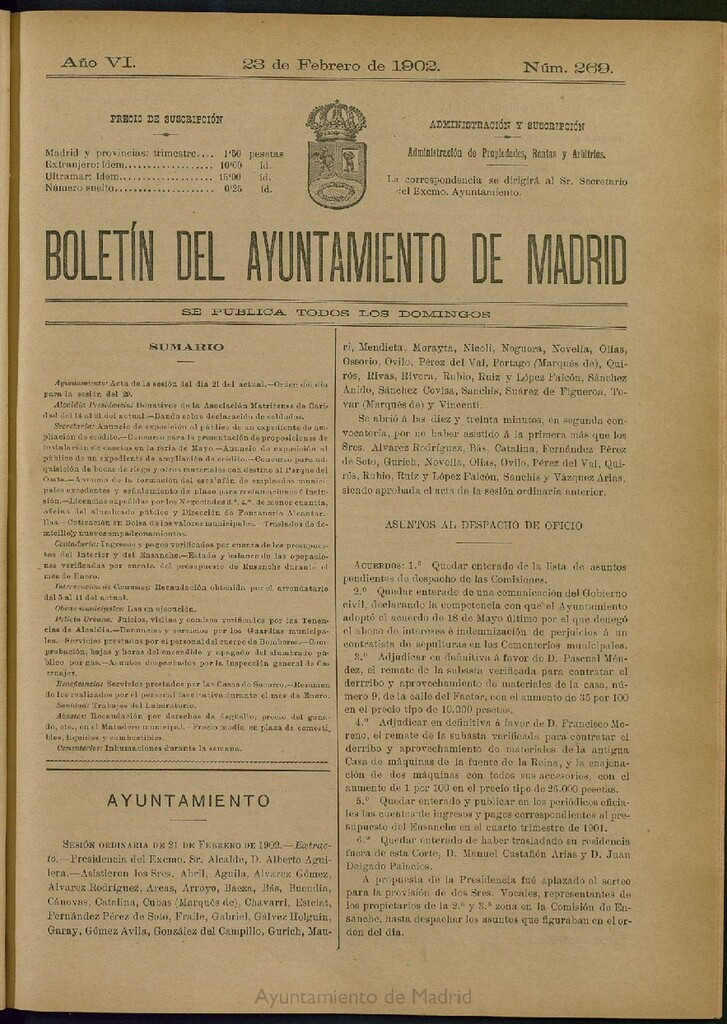 Miniatura de Boletín Oficial del Ayuntamiento de Madrid de 23 de febrero de 1902, nº 269