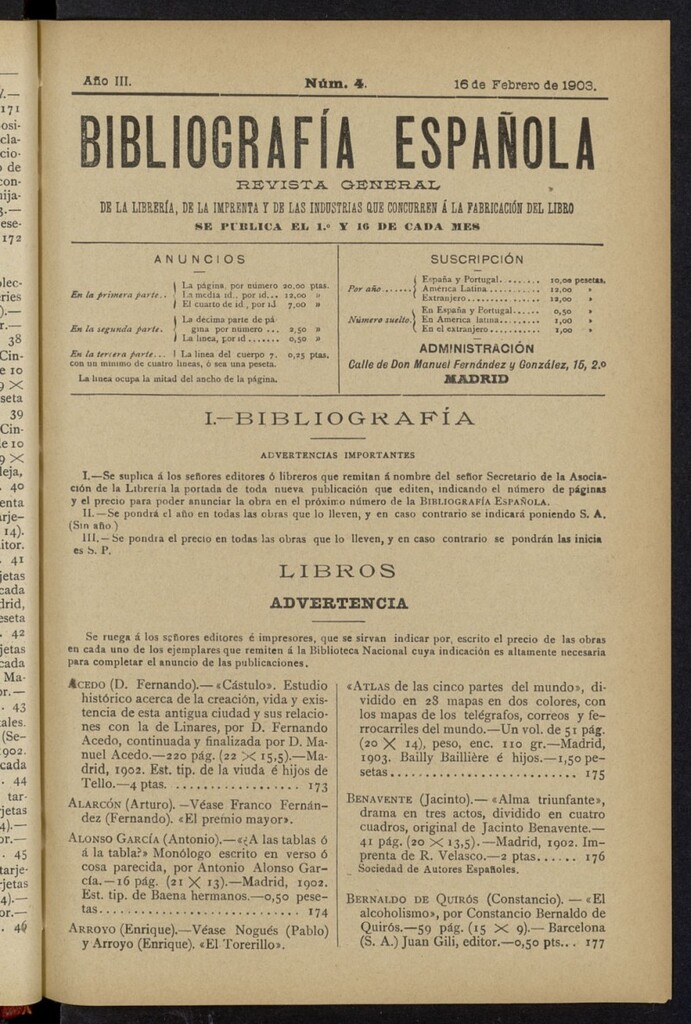 Miniatura de Bibliografía Española del 16 de febrero de 1903