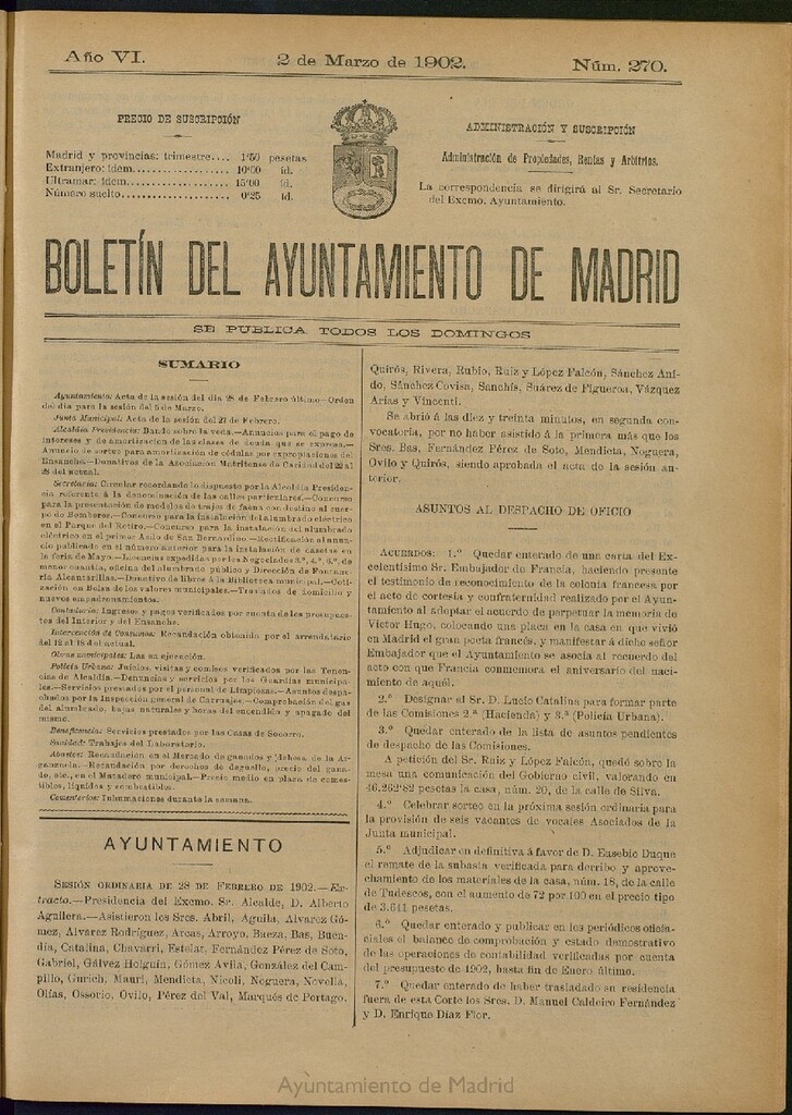 Miniatura de Boletín Oficial del Ayuntamiento de Madrid de 02 de marzo de 1902, nº 270