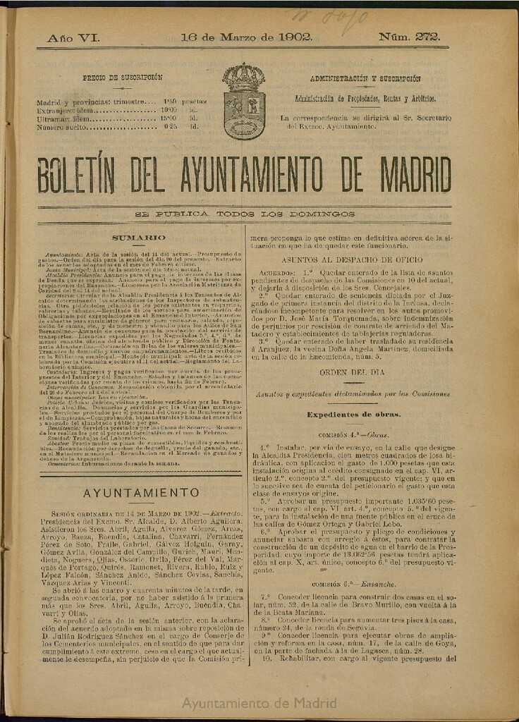 Miniatura de Boletín Oficial del Ayuntamiento de Madrid de 16 de marzo de 1902, nº 272