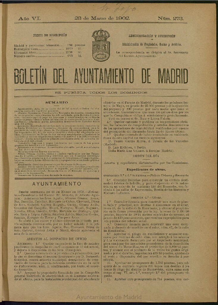 Miniatura de Boletín Oficial del Ayuntamiento de Madrid de 23 de marzo de 1902, nº 273