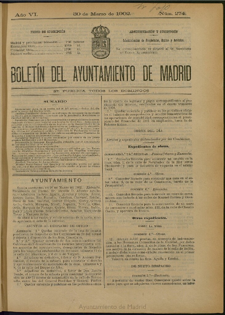 Miniatura de Boletín Oficial del Ayuntamiento de Madrid de 30 de marzo de 1902, nº 274