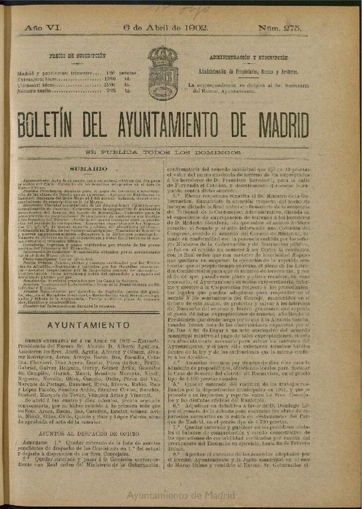 Miniatura de Boletín Oficial del Ayuntamiento de Madrid de 06 de abril de 1902, nº 275