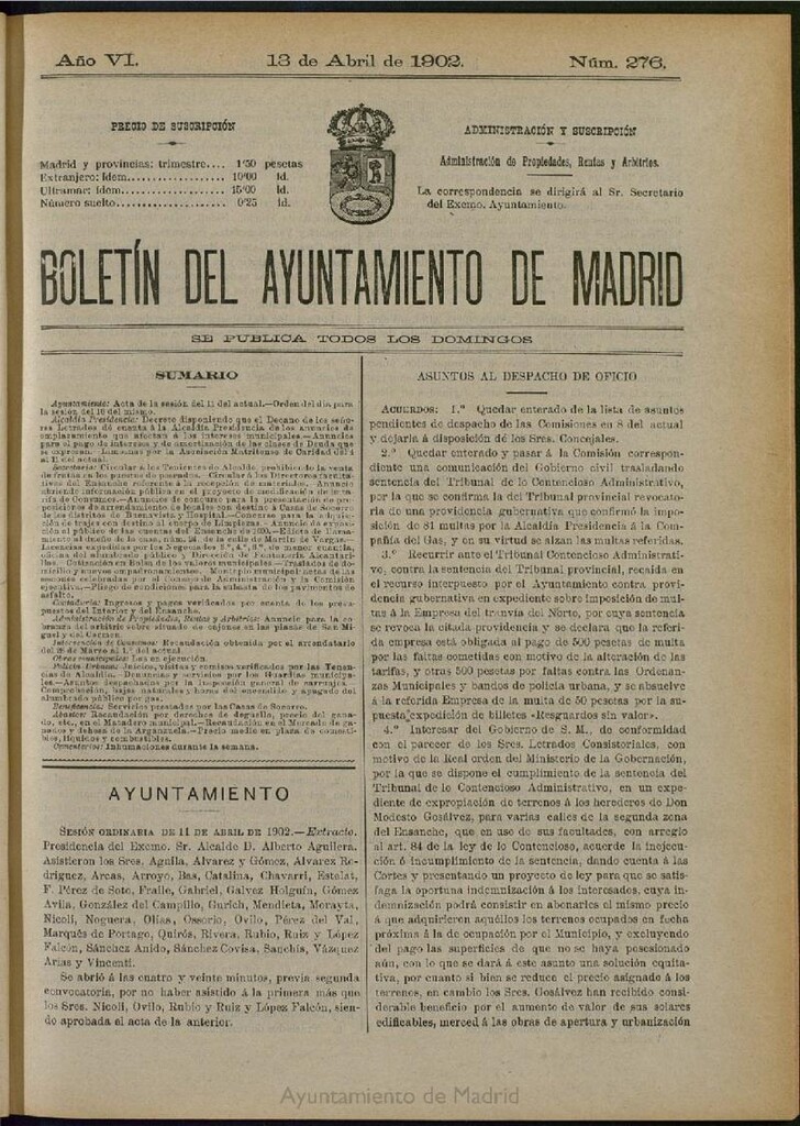 Miniatura de Boletín Oficial del Ayuntamiento de Madrid de 13 de abril de 1902, nº 276