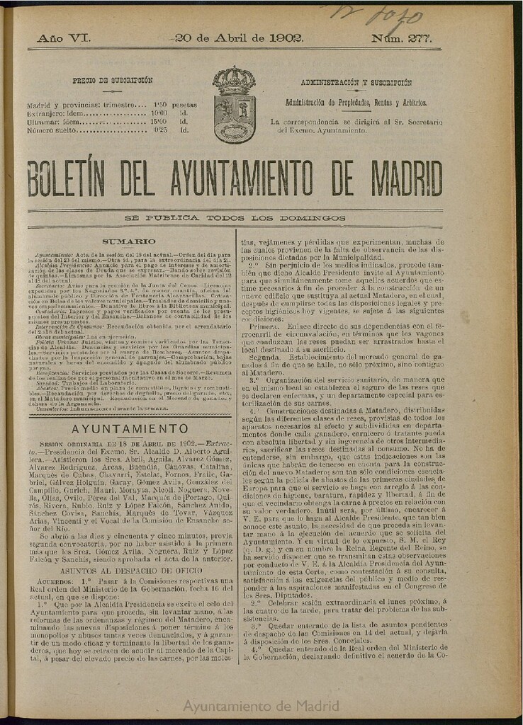 Miniatura de Boletín Oficial del Ayuntamiento de Madrid de 20 de abril de 1902, nº 277