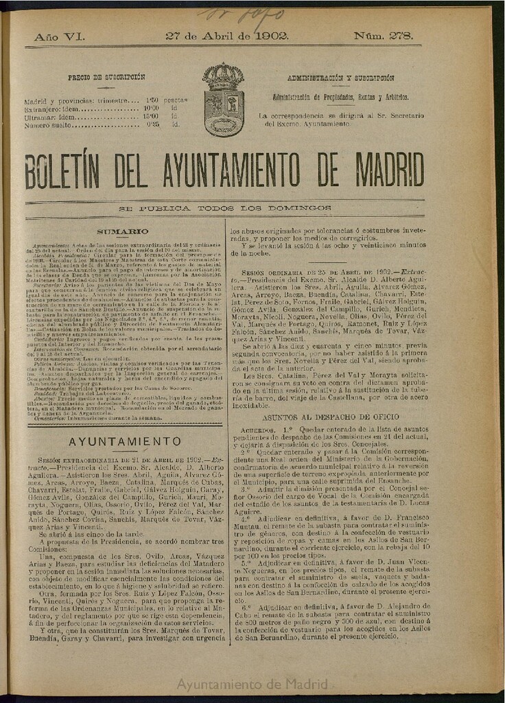 Miniatura de Boletín Oficial del Ayuntamiento de Madrid de 27 de abril de 1902, nº 278