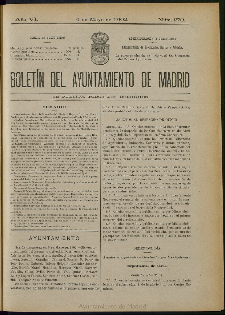 Miniatura de Boletín Oficial del Ayuntamiento de Madrid de 04 de mayo de 1902, nº 279