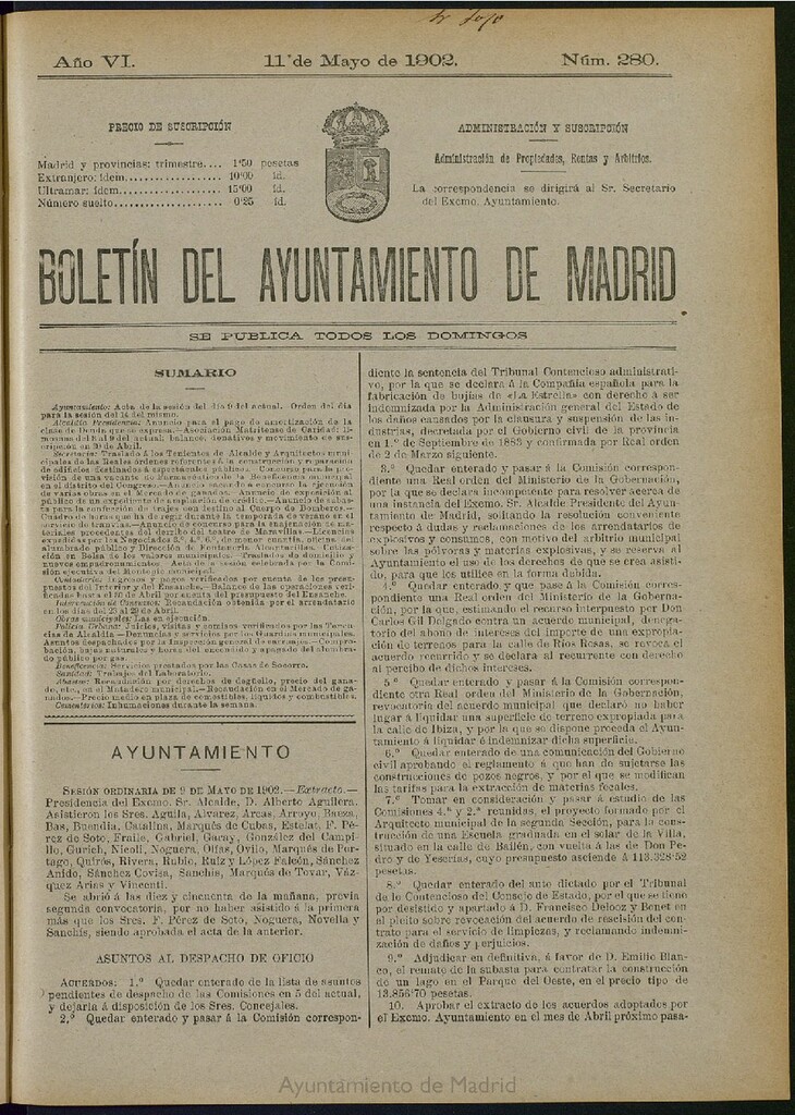 Miniatura de Boletín Oficial del Ayuntamiento de Madrid de 11 de mayo de 1902, nº 280