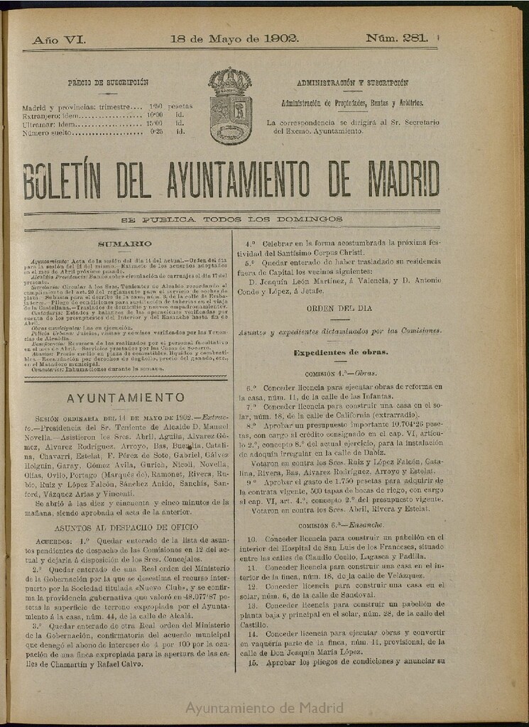 Miniatura de Boletín Oficial del Ayuntamiento de Madrid de 18 de mayo de 1902, nº 281