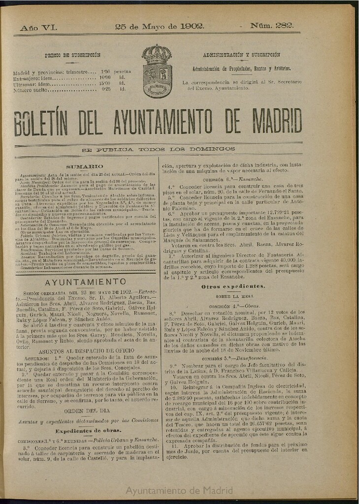 Miniatura de Boletín Oficial del Ayuntamiento de Madrid de 25 de mayo de 1902, nº 282