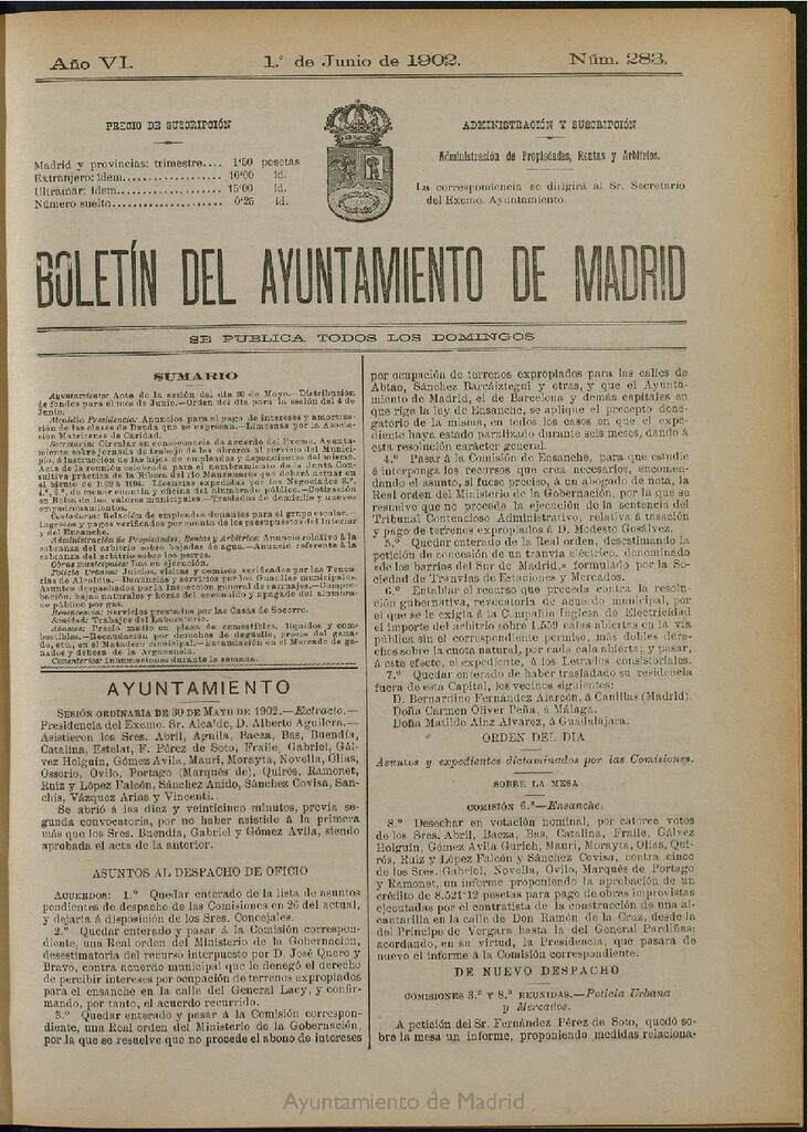 Miniatura de Boletín Oficial del Ayuntamiento de Madrid de 01 de junio de 1902, nº 283