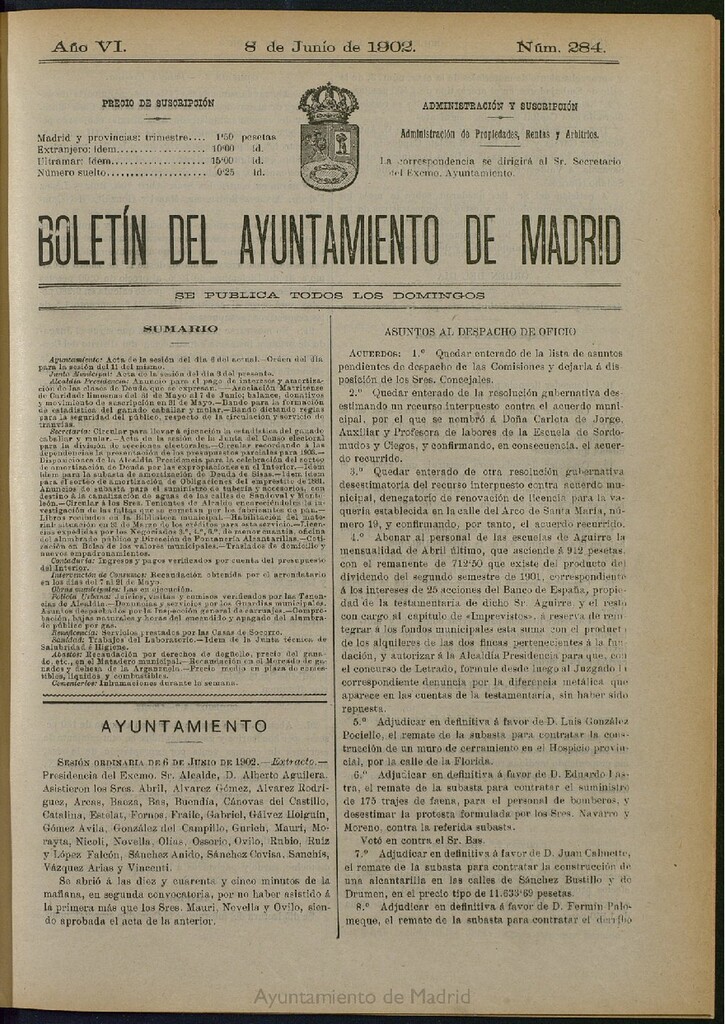 Miniatura de Boletín Oficial del Ayuntamiento de Madrid de 08 de junio de 1902, nº 284