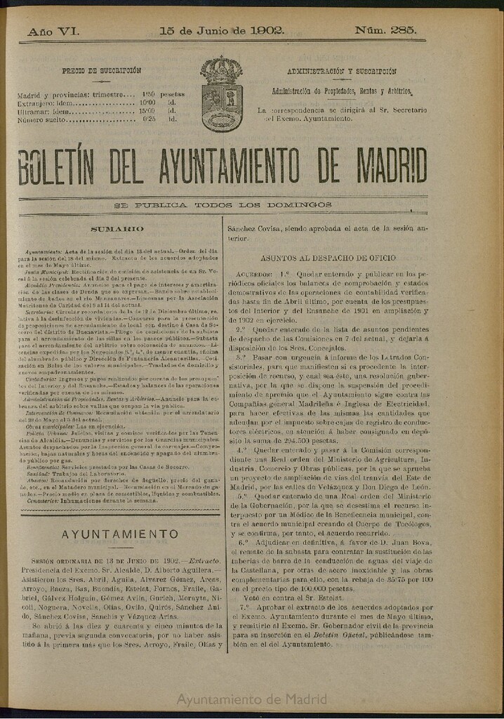 Miniatura de Boletín Oficial del Ayuntamiento de Madrid de 15 de junio de 1902, nº 285