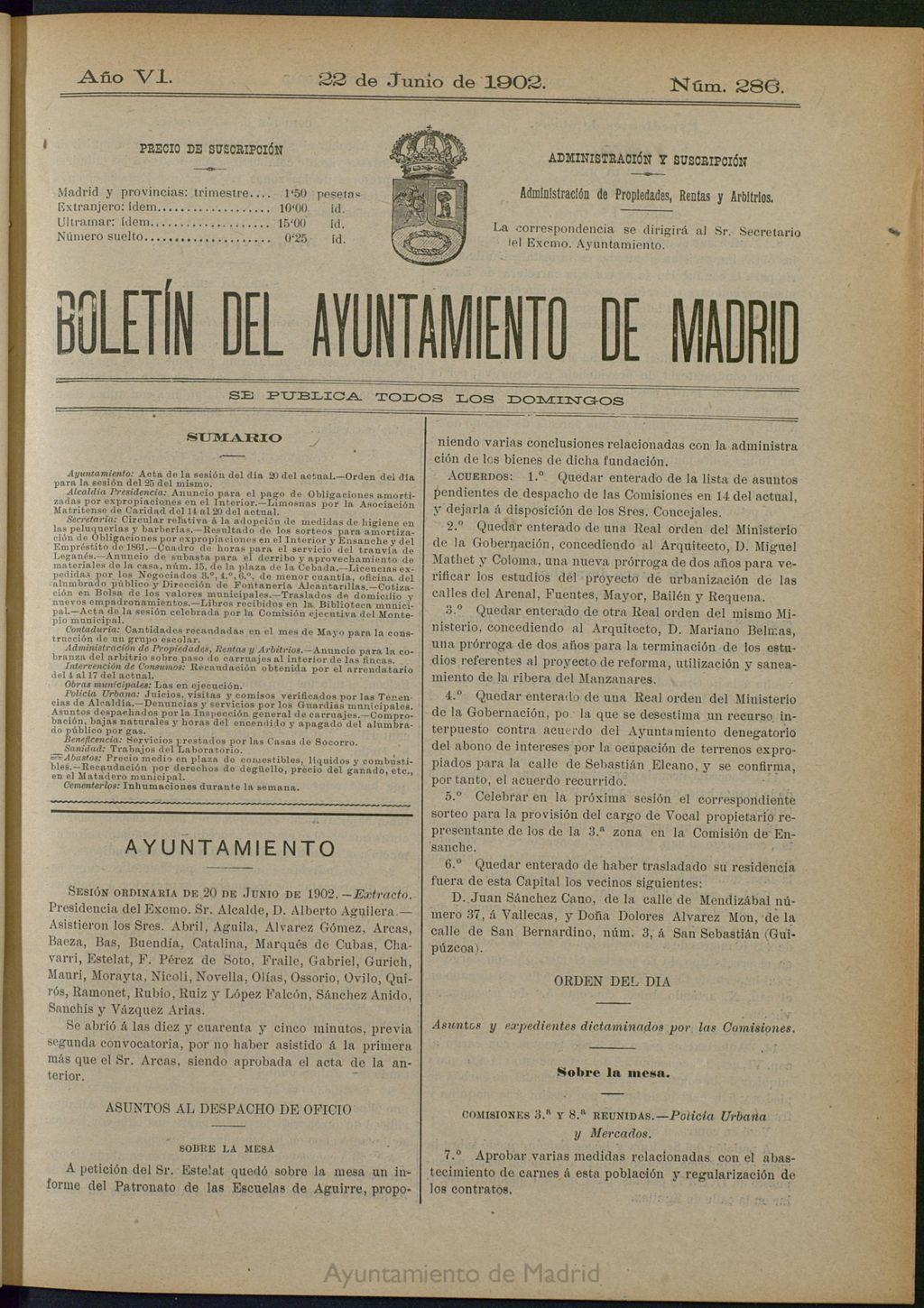 Miniatura de Boletín Oficial del Ayuntamiento de Madrid de 22 de junio de 1902, nº 286