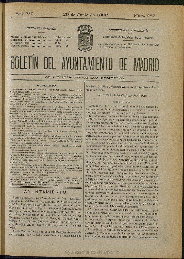 Miniatura de Boletín Oficial del Ayuntamiento de Madrid de 29 de junio de 1902, nº 287