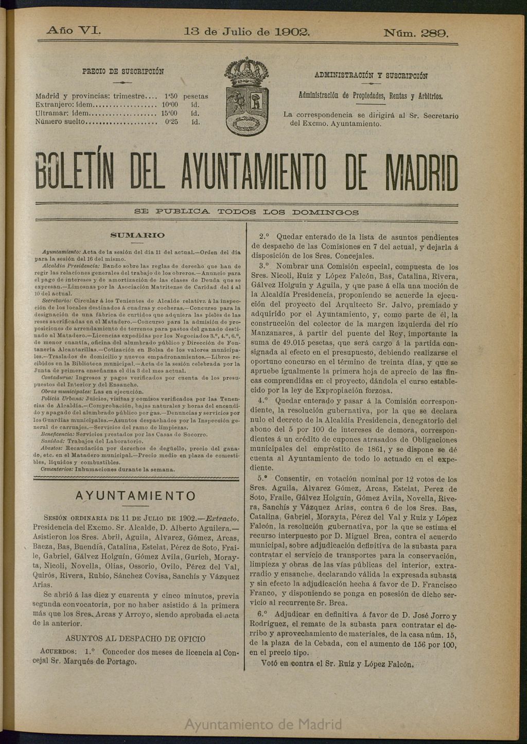 Miniatura de Boletín Oficial del Ayuntamiento de Madrid de 13 de julio de 1902, nº 289