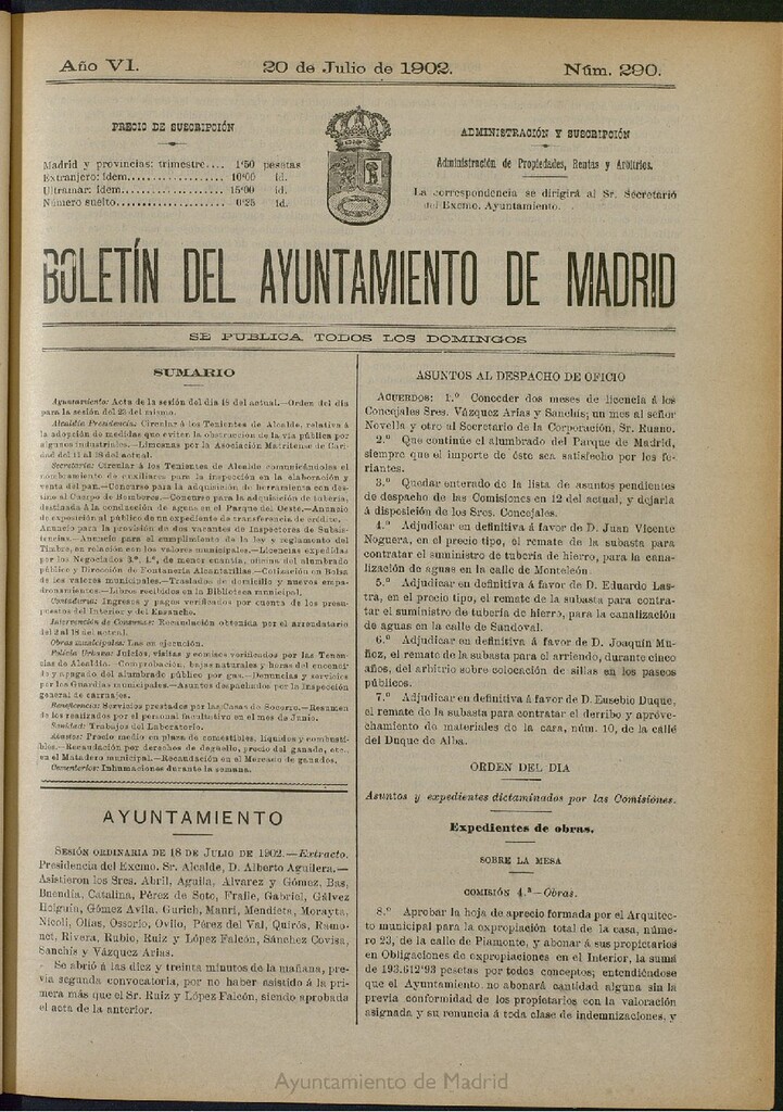 Miniatura de Boletín Oficial del Ayuntamiento de Madrid de 20 de julio de 1902, nº 290