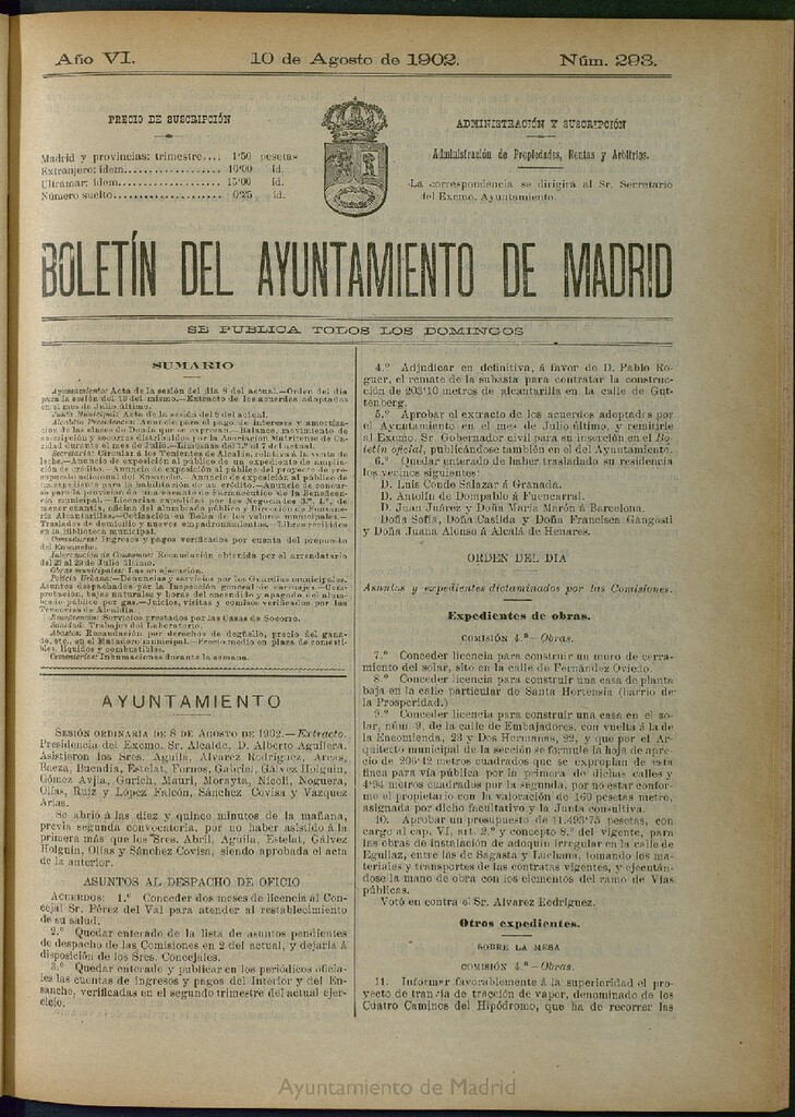 Miniatura de Boletín Oficial del Ayuntamiento de Madrid de 10 de agosto de 1902, nº 293