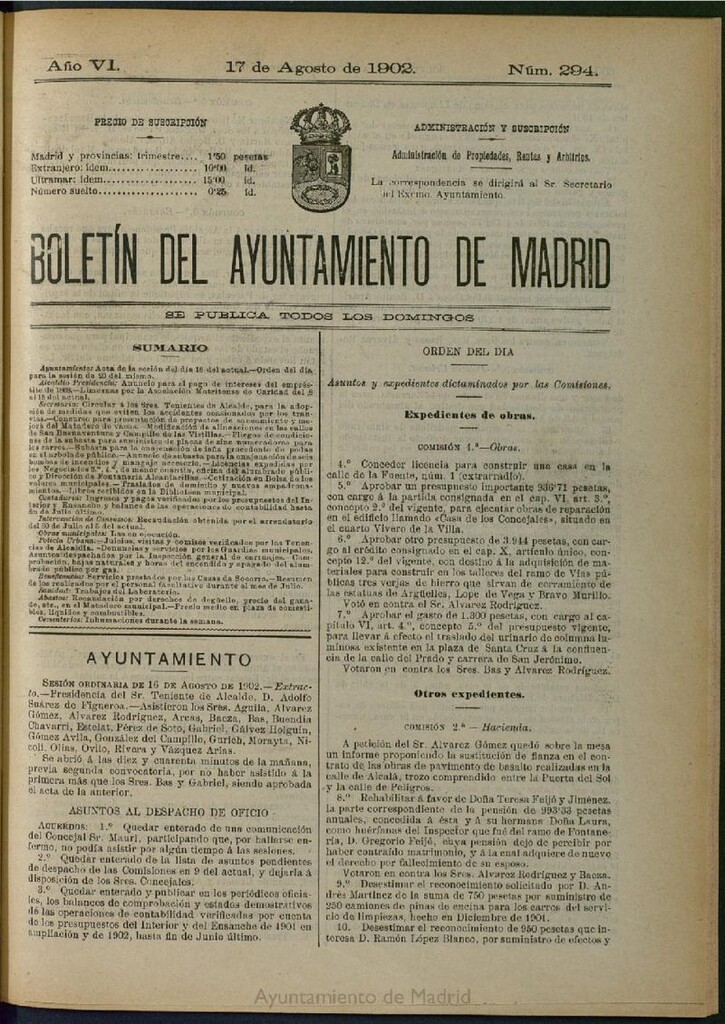 Miniatura de Boletín Oficial del Ayuntamiento de Madrid de 17 de agosto de 1902, nº 294