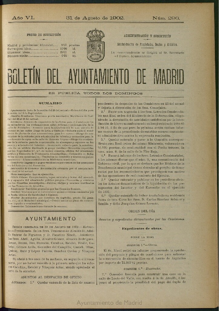 Miniatura de Boletín Oficial del Ayuntamiento de Madrid de 31 de agosto de 1902, nº 296