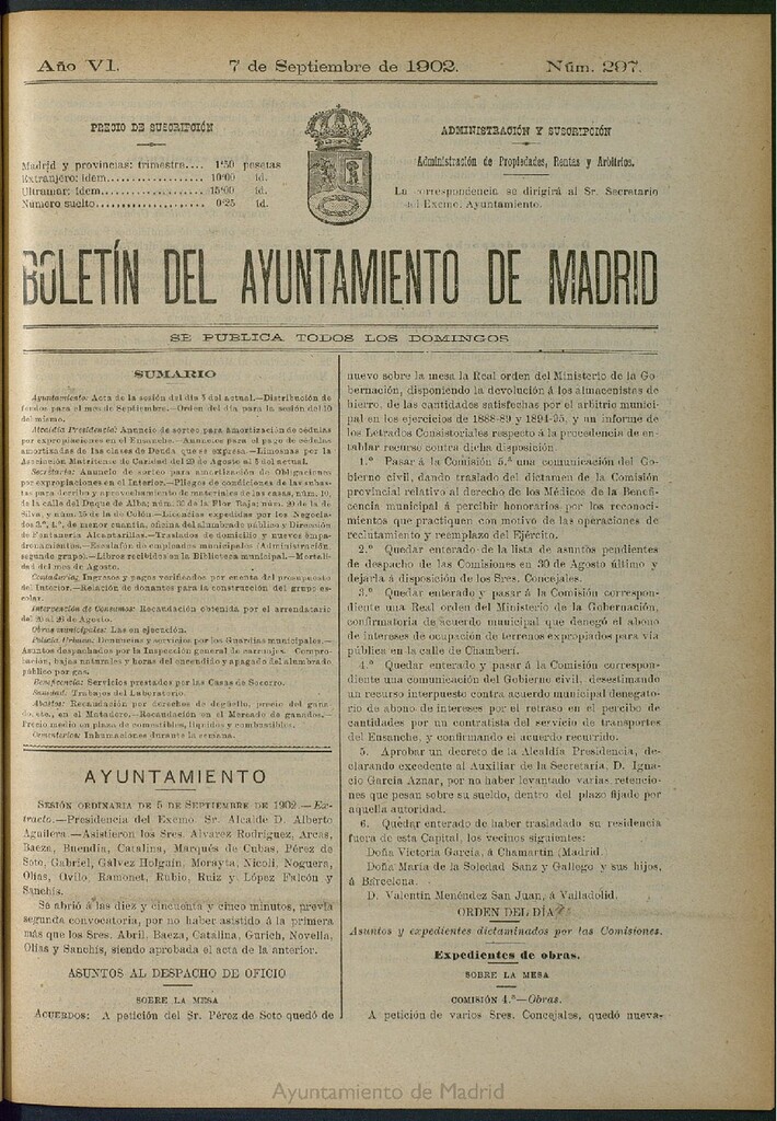 Miniatura de Boletín Oficial del Ayuntamiento de Madrid de 07 de septiembre de 1902, nº 297