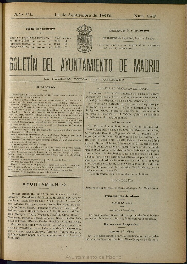 Miniatura de Boletín Oficial del Ayuntamiento de Madrid de 14 de septiembre de 1902, nº 298