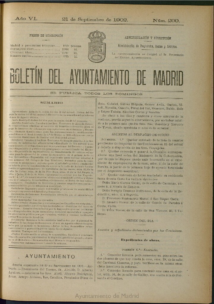 Miniatura de Boletín Oficial del Ayuntamiento de Madrid de 21 de septiembre de 1902, nº 299