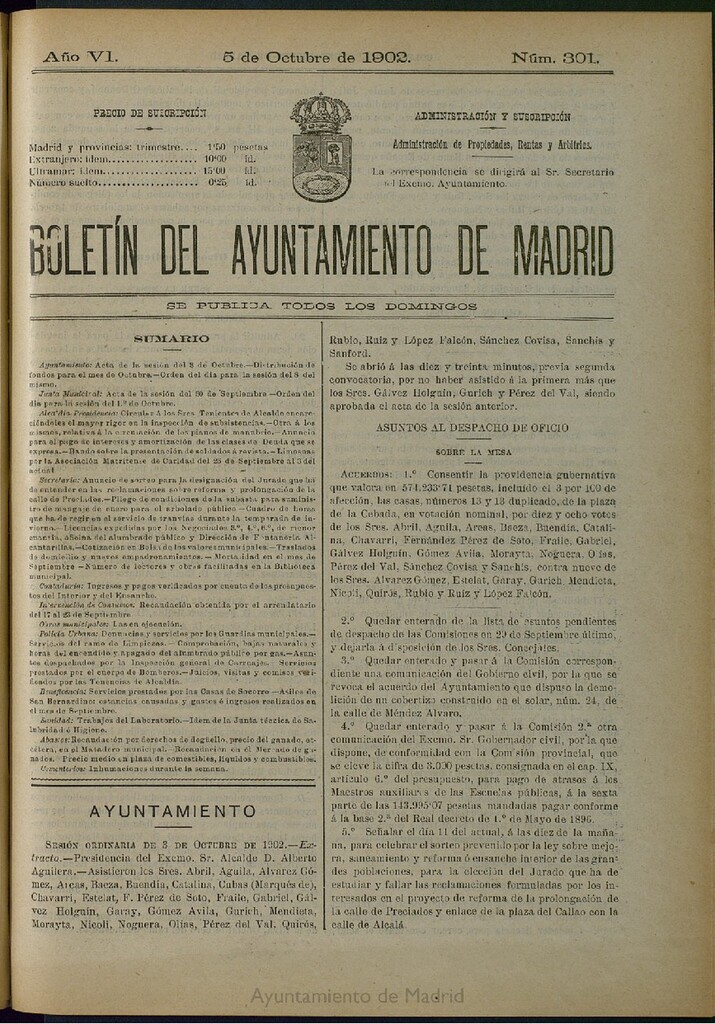 Miniatura de Boletín Oficial del Ayuntamiento de Madrid de 05 de octubre de 1902, nº 301