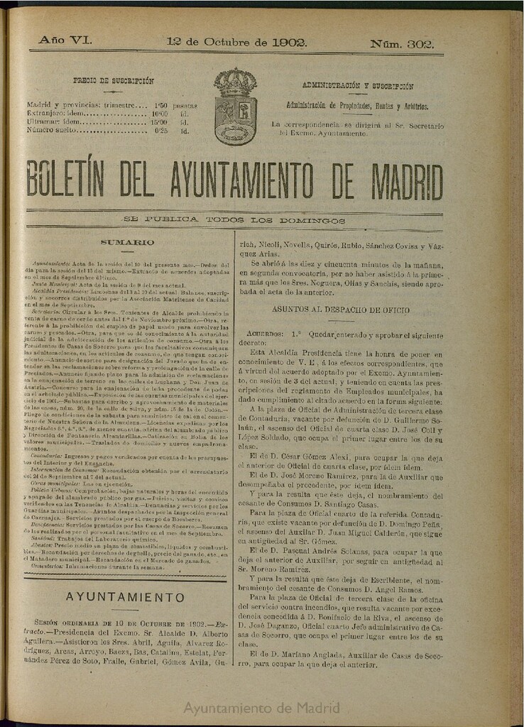 Miniatura de Boletín Oficial del Ayuntamiento de Madrid de 12 de octubre de 1902, nº 302