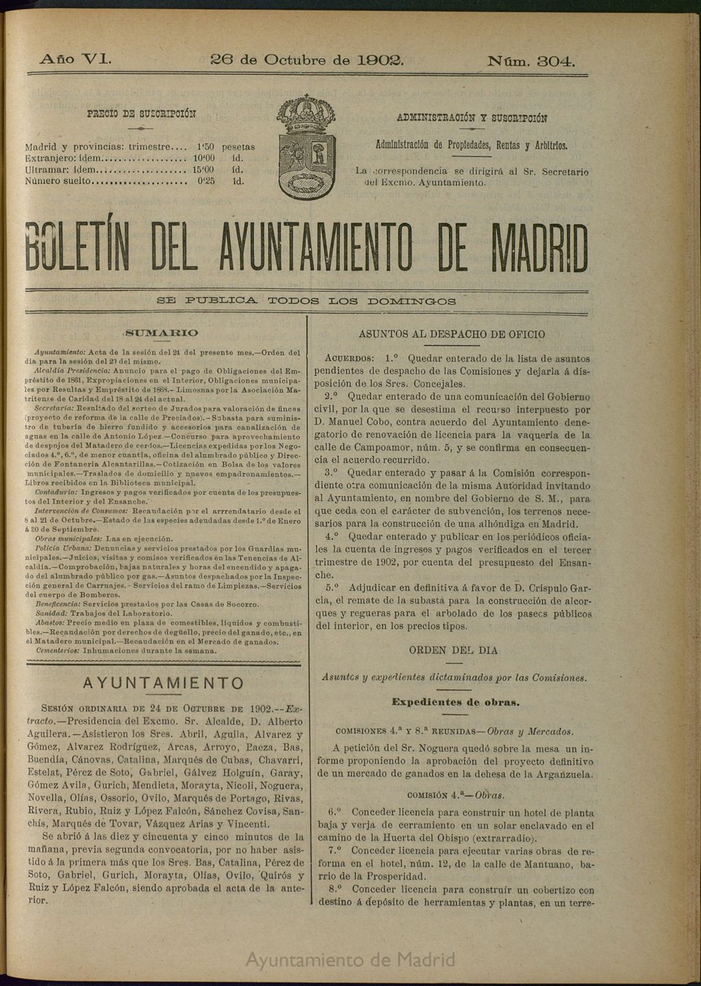 Miniatura de Boletín Oficial del Ayuntamiento de Madrid de 26 de octubre de 1902, nº 304