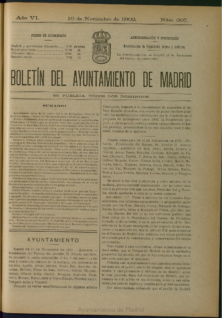 Miniatura de Boletín Oficial del Ayuntamiento de Madrid de 16 de noviembre de 1902, nº 307