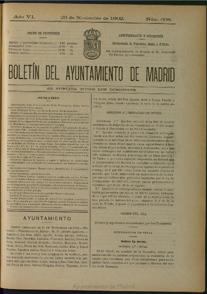 Miniatura de Boletín Oficial del Ayuntamiento de Madrid de 23 de noviembre de 1902, nº 308